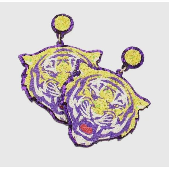Tiger Game Day Glitter Dangle Earrings/LSU Tigers/Tiger Head Earrings/Gift - Picture 3 of 3